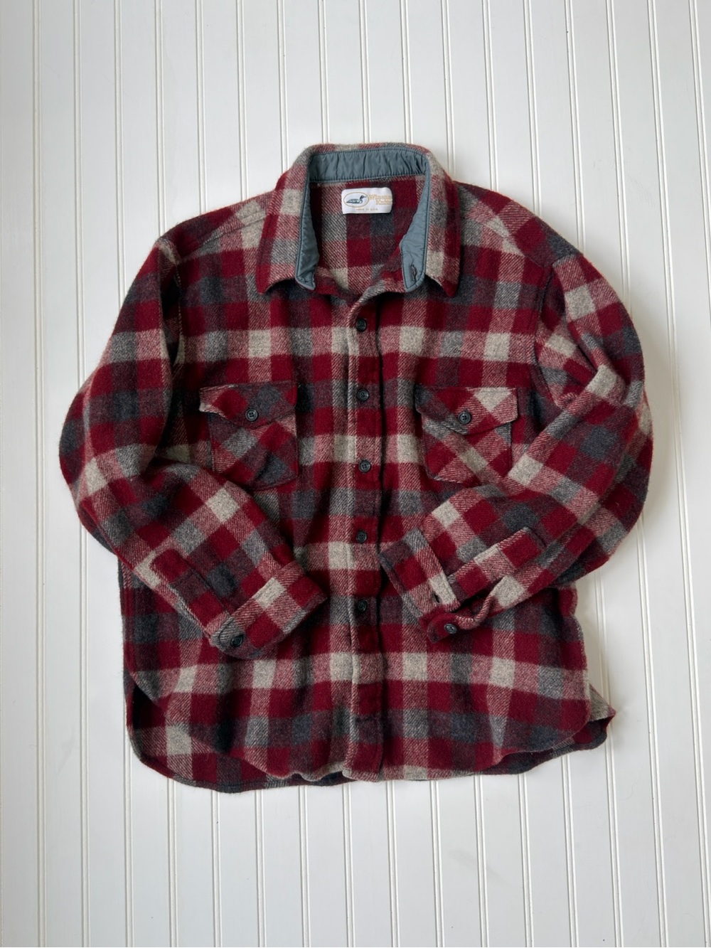 Winona Knits Men’s Burgundy Grey Wool Button Up Flannel Shirt Jacket Size XXL